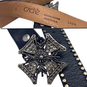 VTG Cache Black Leather Studded Belt Rhinestone Cross Buckle S USA Rock Biker